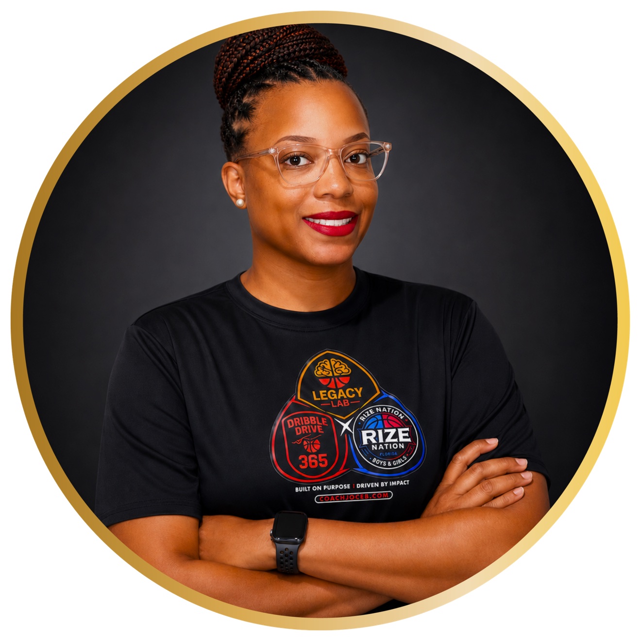 Coach J, founder of Legacy Lab Academy, in her circular gold-ring portrait